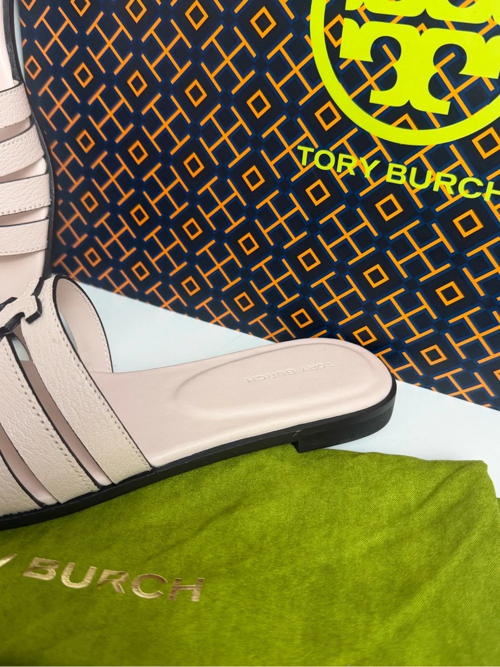 Tory Burch Blush Pink Leather Logo Slide Sandals
